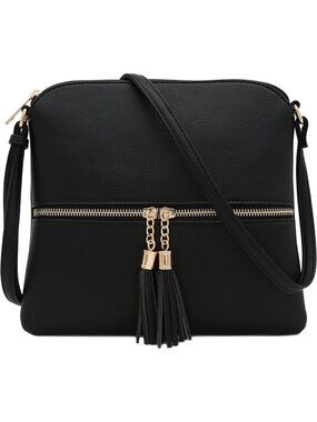 Women's Black Faux Leather With Tassel Fringe Adjustable Strap Crossbody Bag